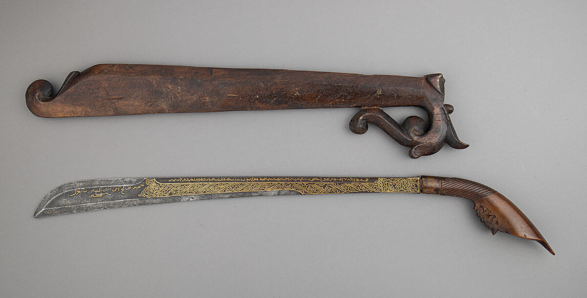 Sword (<i>Rudus</i>) and Scabbard, Muhammad Salih of Terumon (Malaysian, active Kampung Payang, ca. 1835), Steel, horn, gold, wood, Malaysian, Kampung Payang and Sumatran, Aceh