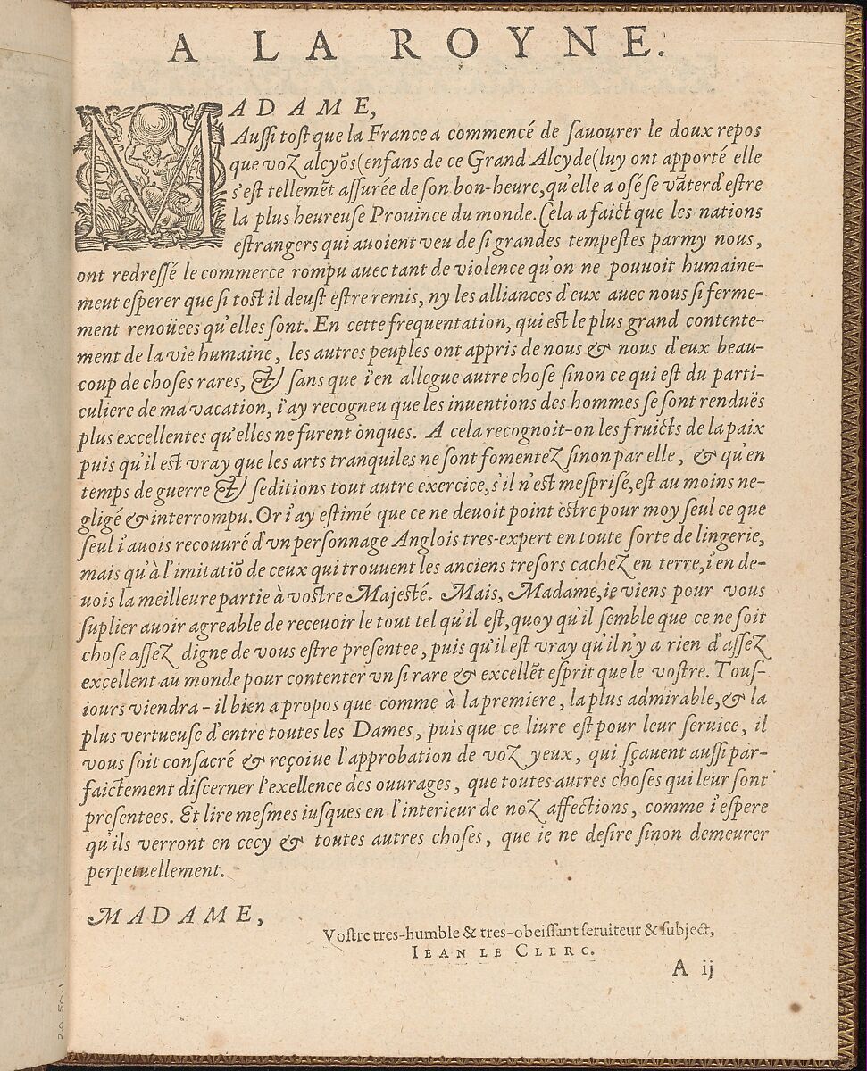 La Pratique de l'Aiguille, page 2 (recto), Matthias Mignerak, Woodcut 