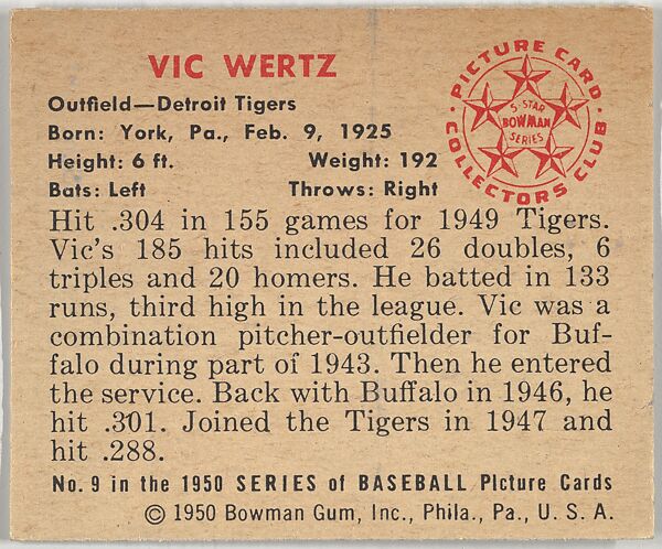 VIc Wertz, Outfield, Detroit Tigers, from the Picture Card Collectors Series (R406-4) issued by Bowman Gum, Issued by Bowman Gum Company, Commercial color lithograph