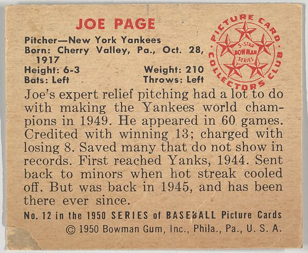 Joe Page, Pitcher, New York Yankees, from the Picture Card Collectors Series (R406-4) issued by Bowman Gum, Issued by Bowman Gum Company, Commercial color lithograph