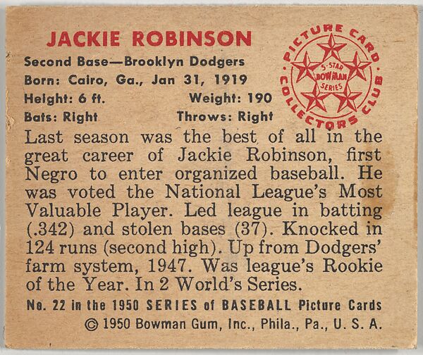 Jackie Robinson, 2nd Base, Brooklyn Dodgers, from the Picture Card Collectors Series (R406-4) issued by Bowman Gum, Issued by Bowman Gum Company, Commercial color lithograph