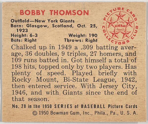 Bobby Thomson, Outfield, New York Giants, from the Picture Card Collectors Series (R406-4) issued by Bowman Gum, Issued by Bowman Gum Company, Commercial color lithograph