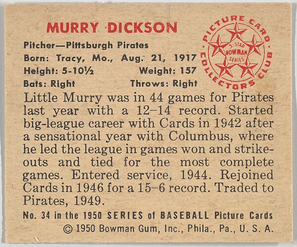 Murry Dickson, Pitcher, Pittsburgh Pirates, from the Picture Card Collectors Series (R406-4) issued by Bowman Gum, Issued by Bowman Gum Company, Commercial color lithograph