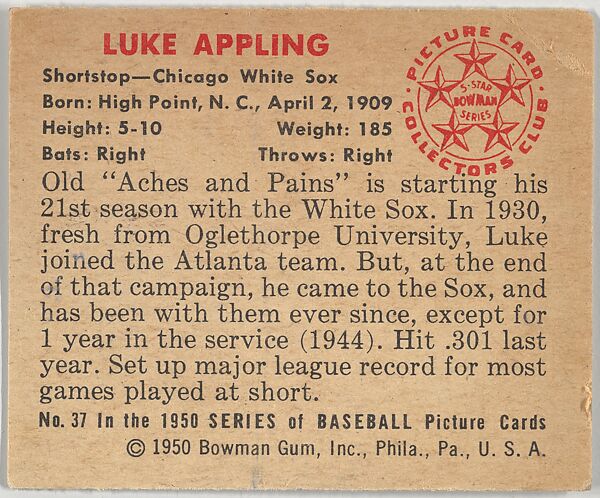Issued by Bowman Gum Company - Luke Appling, Shortstop, Chicago White ...