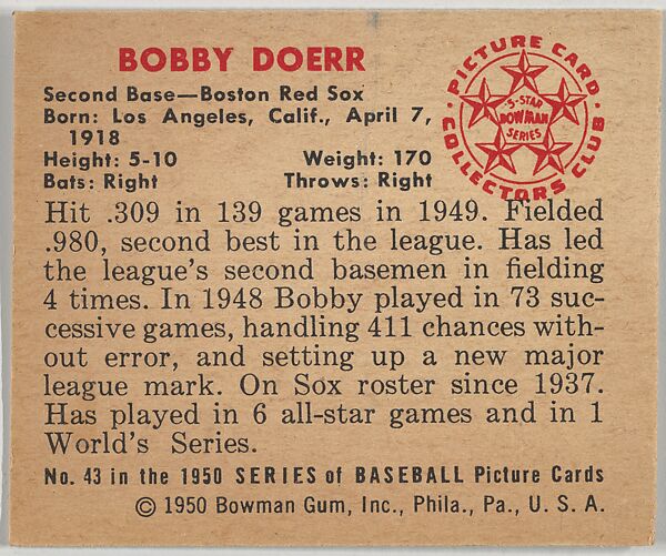 Issued by Bowman Gum Company - Bobby Doerr, 2nd Base, Boston Red Sox ...