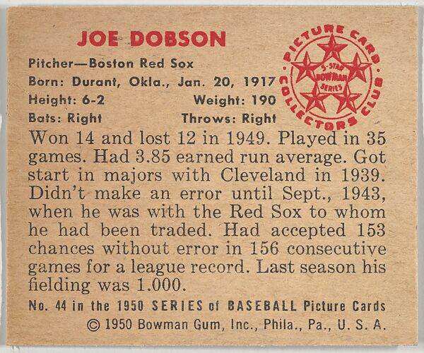 Joe Dobson, Pitcher, Boston Red Sox, from the Picture Card Collectors Series (R406-4) issued by Bowman Gum, Issued by Bowman Gum Company, Commercial color lithograph