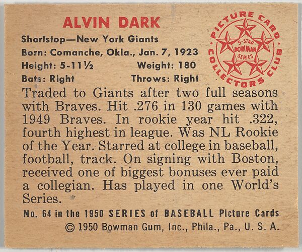 Alvin Dark, Shortstop, New York Giants, from the Picture Card Collectors Series (R406-4) issued by Bowman Gum, Issued by Bowman Gum Company, Commercial color lithograph