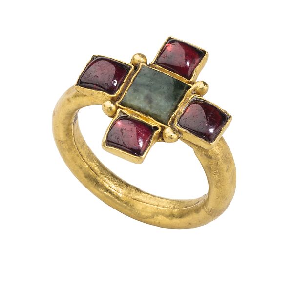 Early Christian Gemstone Ring, Gold, garnets, and emerald, Roman 