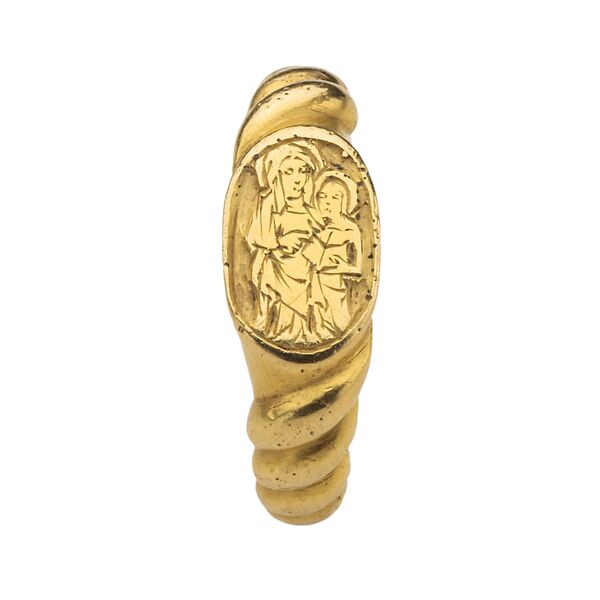 Medieval Iconographic Ring with St. Anne Teaching the Virgin to Read and Inscription, Gold, British 