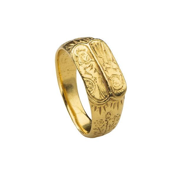 Iconographic Ring with Two Standing Saints, Gold with engraved bezel, British 