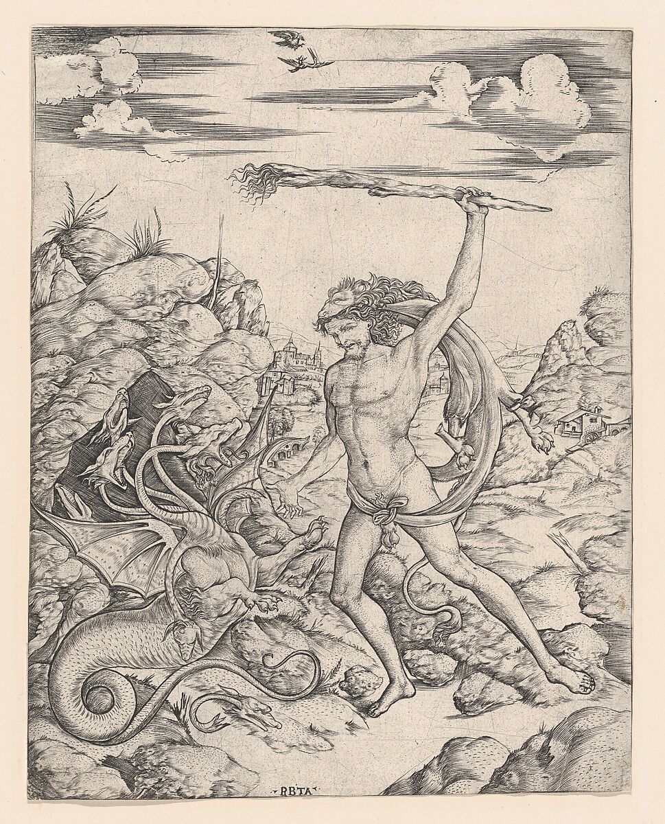 Hercules and the Hydra; wielding a torch he attacks the winged, multi-headed Hydra in rocky landscape, a hawk attacks a heron in the sky, Cristofano di Michele Martini (Il Robetta) (Italian, Florence 1462–after 1535 Florence), Engraving 