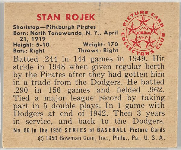 Stan Rojek, Shortstop, Pittsburgh Pirates, from the Picture Card Collectors Series (R406-4) issued by Bowman Gum, Issued by Bowman Gum Company, Commercial color lithograph