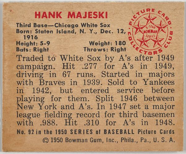 Hank Majeski, 3rd Base, Chicago White Sox, from the Picture Card Collectors Series (R406-4) issued by Bowman Gum, Issued by Bowman Gum Company, Commercial color lithograph