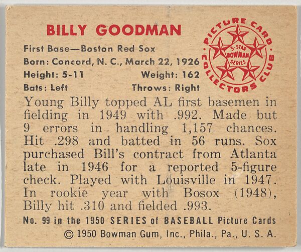 Billy Goodman, First Base, Boston Red Sox, from the Picture Card Collectors Series (R406-4) issued by Bowman Gum, Issued by Bowman Gum Company, Commercial color lithograph