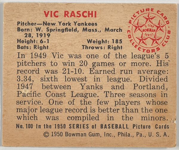 Issued by Bowman Gum Company - Vic Raschi, Pitcher, New York Yankees ...