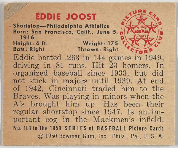 Eddie Joost, Shortstop, Philadelphia Athletics, from the Picture Card Collectors Series (R406-4) issued by Bowman Gum, Issued by Bowman Gum Company, Commercial color lithograph