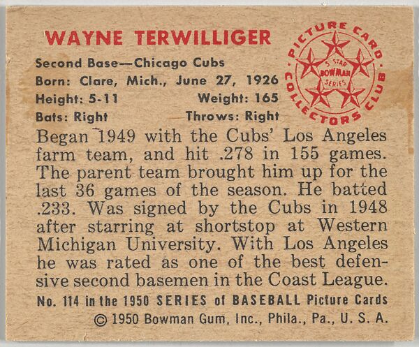 Wayne Terwilliger, 2nd Base, Chicago Cubs, from the Picture Card Collectors Series (R406-4) issued by Bowman Gum, Issued by Bowman Gum Company, Commercial color lithograph