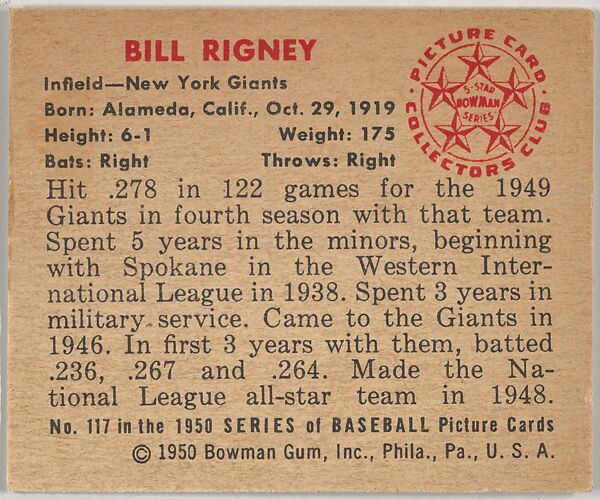 Bill Rigney, Infield, New York Giants, from the Picture Card Collectors Series (R406-4) issued by Bowman Gum, Issued by Bowman Gum Company, Commercial color lithograph