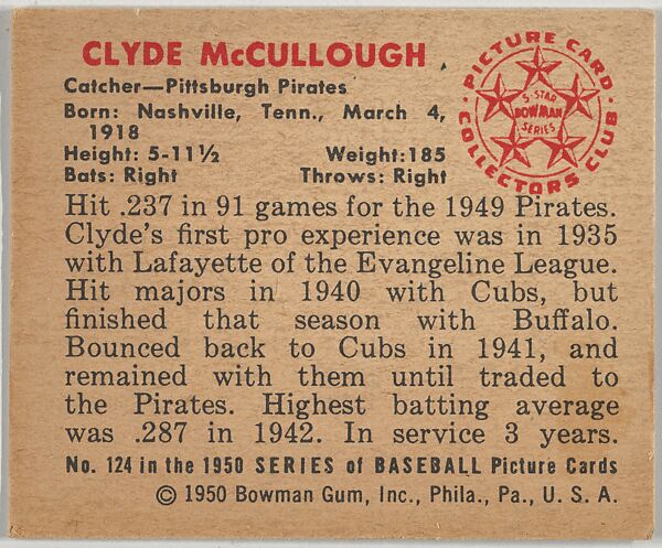 Clyde McCullough, Catcher, Pittsburgh Pirates, from the Picture Card Collectors Series (R406-4) issued by Bowman Gum, Issued by Bowman Gum Company, Commercial color lithograph