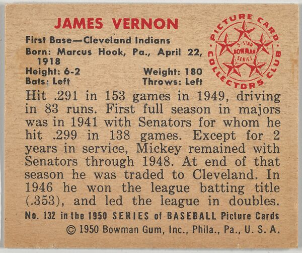 James Vernon, 1st Base, Cleveland Indians, from the Picture Card Collectors Series (R406-4) issued by Bowman Gum, Issued by Bowman Gum Company, Commercial color lithograph