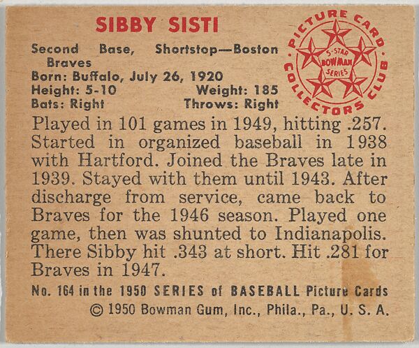 Sibby Sisti, 2nd Base, Shortstop, Boston Braves, from the Picture Card Collectors Series (R406-4) issued by Bowman Gum, Issued by Bowman Gum Company, Commercial color lithograph