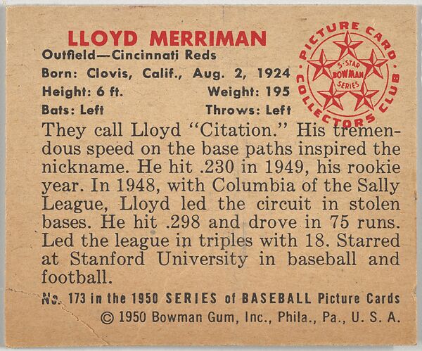 Lloyd Merriman, Outfield, Cincinnati Reds, from the Picture Card Collectors Series (R406-4) issued by Bowman Gum, Issued by Bowman Gum Company, Commercial color lithograph
