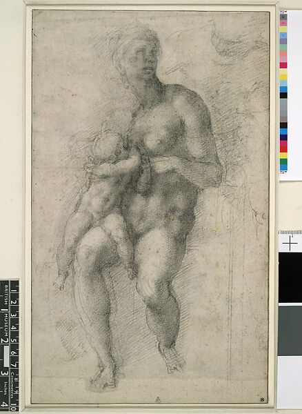 The Holy Family with the infant Saint John, Michelangelo Buonarroti (Italian, Caprese 1475–1564 Rome), Black chalk, over a preliminary drawing in stylus 