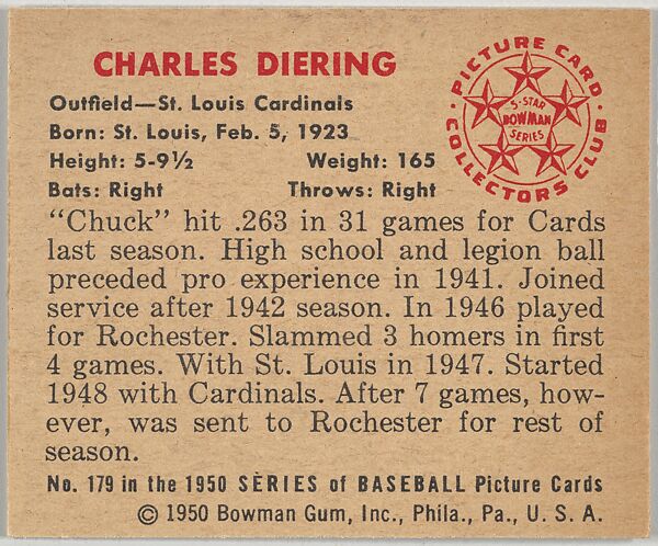 Charles Diering, Outfield, St. Louis Cardinals, from the Picture Card Collectors Series (R406-4) issued by Bowman Gum, Issued by Bowman Gum Company, Commercial color lithograph