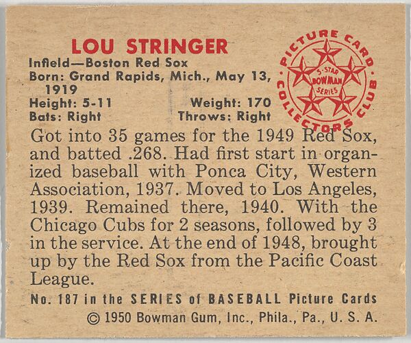 Lou Stringer, Infield, Boston Red Sox, from the Picture Card Collectors Series (R406-4) issued by Bowman Gum, Issued by Bowman Gum Company, Commercial color lithograph