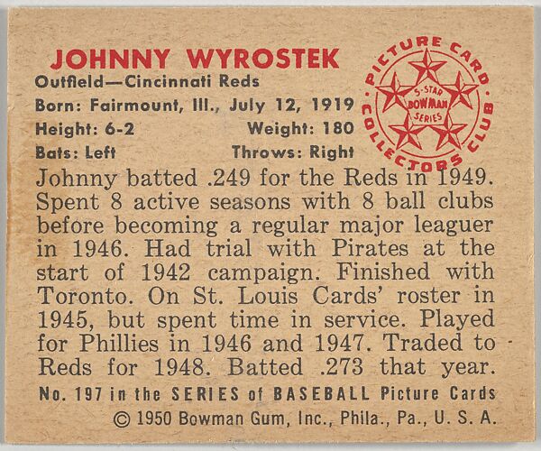 Johnny Wyrostek, Outfield, Cincinnati Reds, from the Picture Card Collectors Series (R406-4) issued by Bowman Gum, Issued by Bowman Gum Company, Commercial color lithograph