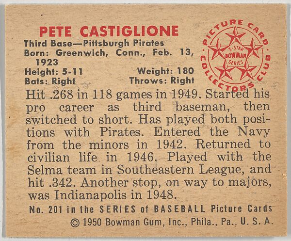 Pete Castiglione, 3rd Base, Pittsburgh Pirates, from the Picture Card Collectors Series (R406-4) issued by Bowman Gum, Issued by Bowman Gum Company, Commercial color lithograph