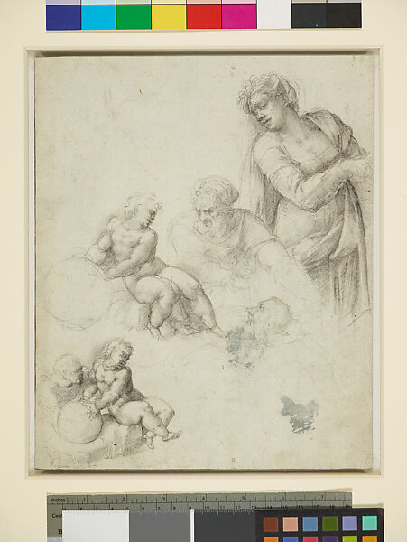 Studies for the Holy Family with a Donor (Pope Clement VII) (recto); Study for Christ the Child (verso), Sebastiano del Piombo (Sebastiano Luciani) (Italian, Venice (?) 1485/86–1547 Rome), Black chalk (recto); Black chalk on blue-grey prepared paper (verso) 