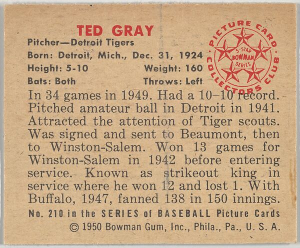 Ted Gray, Pitcher, Detroit Tigers, from the Picture Card Collectors Series (R406-4) issued by Bowman Gum, Issued by Bowman Gum Company, Commercial color lithograph