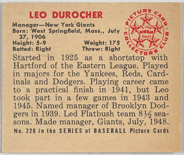 Leo Durocher, Manager, New York Giants, from the Picture Card Collectors Series (R406-4) issued by Bowman Gum, Issued by Bowman Gum Company, Commercial color lithograph