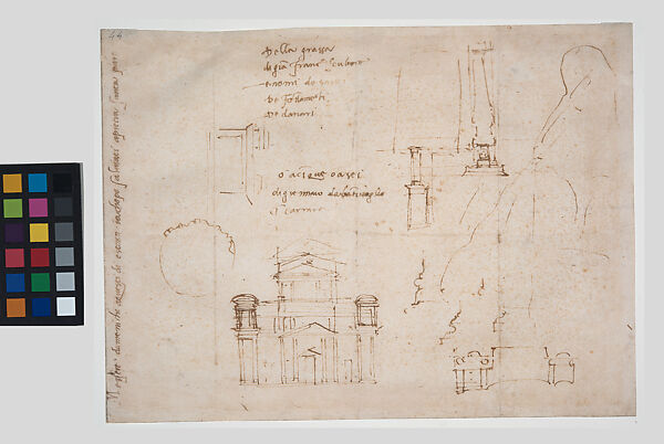 Sketches for the façade of San Lorenzo and elevation of the Julius II tomb, Michelangelo Buonarroti (Italian, Caprese 1475–1564 Rome), Pen and brown ink