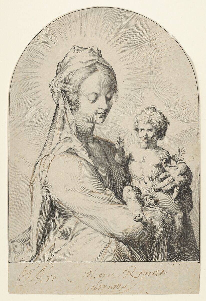 The Virgin with the Child Blessing, Jan Muller (Netherlandish, Amsterdam 1571–1628 Amsterdam), Engraving; first state of three, with additions in pen and brown ink 