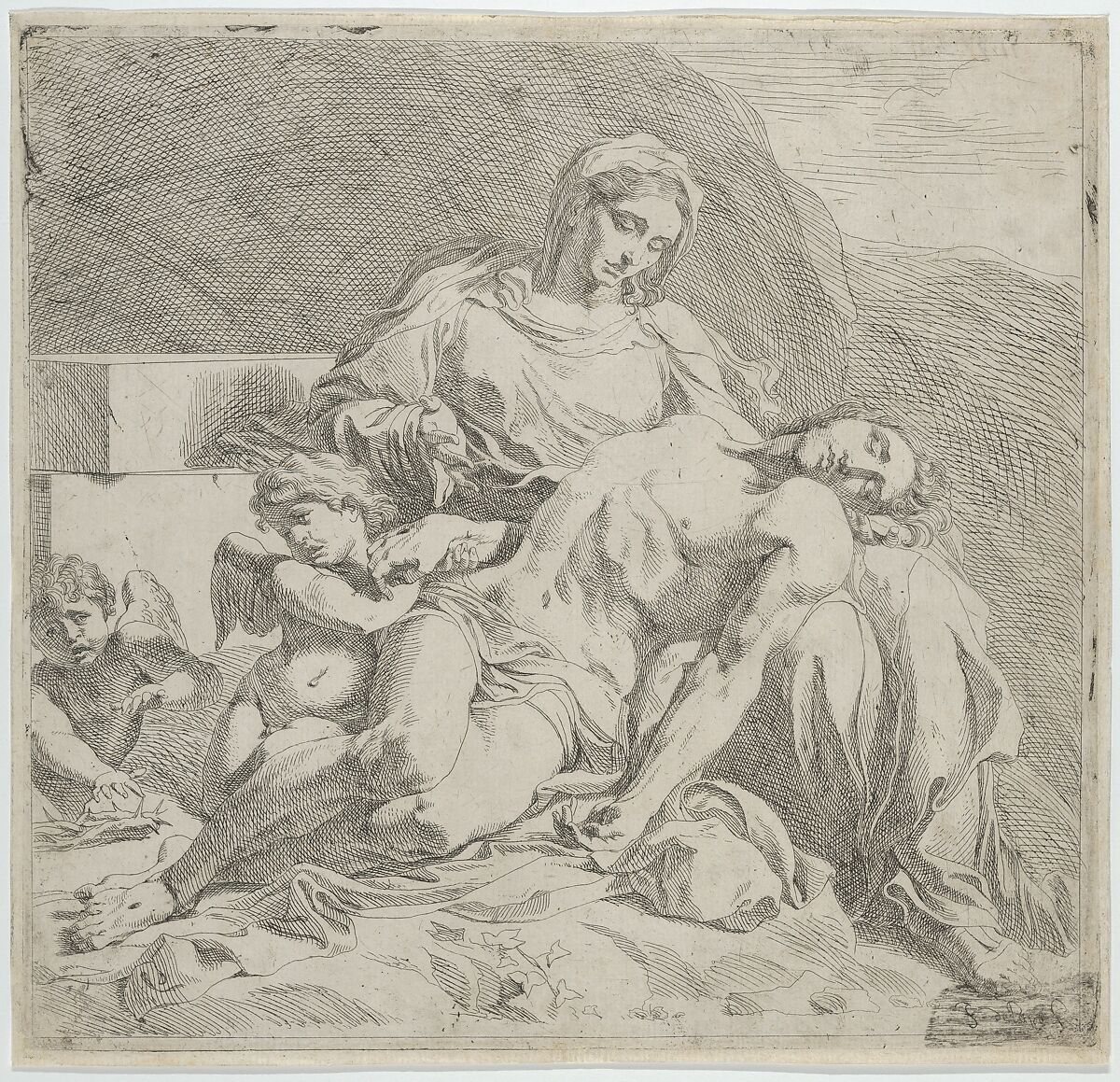Pietà, the dead Christ supported by the Virgin, putti at the left, Joost de Pape (Flemish, 1618/9–1646), Etching 
