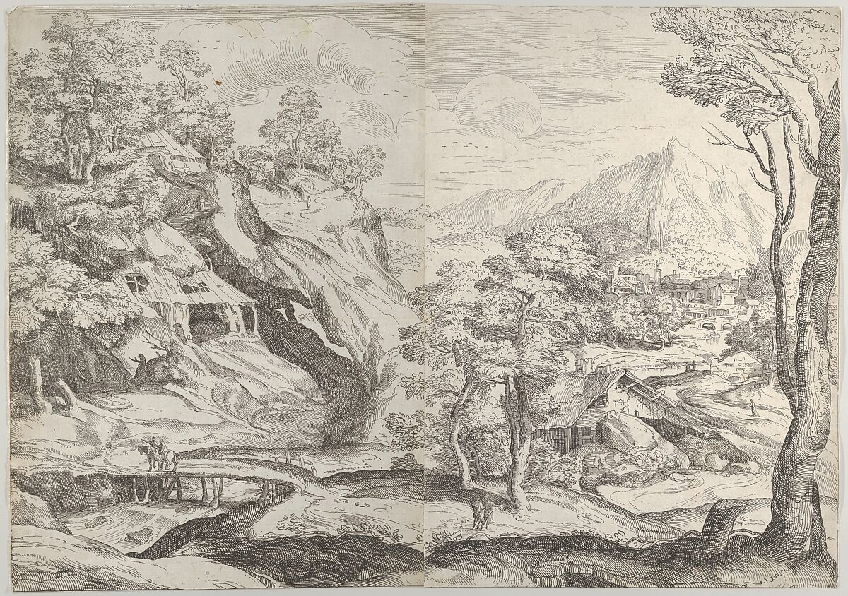 Landscape with a town in the background at the right, a winding road in the foreground, Anonymous, Italian, 16th century, Etching on two joined sheets (different types of paper) 