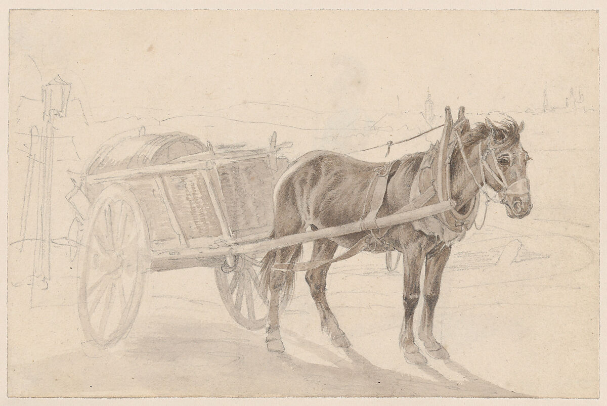 A Cart Drawn by a Brown Horse Near a Lamp Pole; Verso: A Group of Mounted Officers, Johann Adam Klein (German, Nuremberg 1792–1875 Munich), Graphite, watercolor; verso: graphite, watercolor 