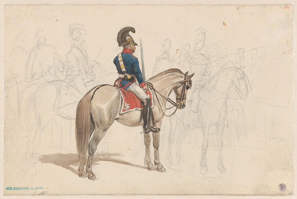 A Cart Drawn by a Brown Horse Near a Lamp Pole; Verso: A Group of Mounted Officers, Johann Adam Klein (German, Nuremberg 1792–1875 Munich), Graphite, watercolor; verso: graphite, watercolor