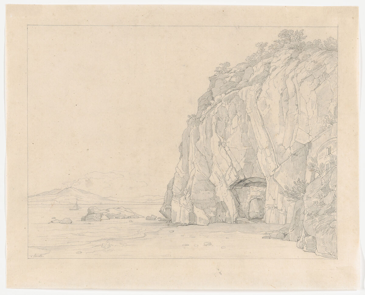 A Grotto near Sorrento, with a Distant View of the Vesuvius, Heinrich Reinhold (German, Gera 1788–1825 Albano), Graphite 