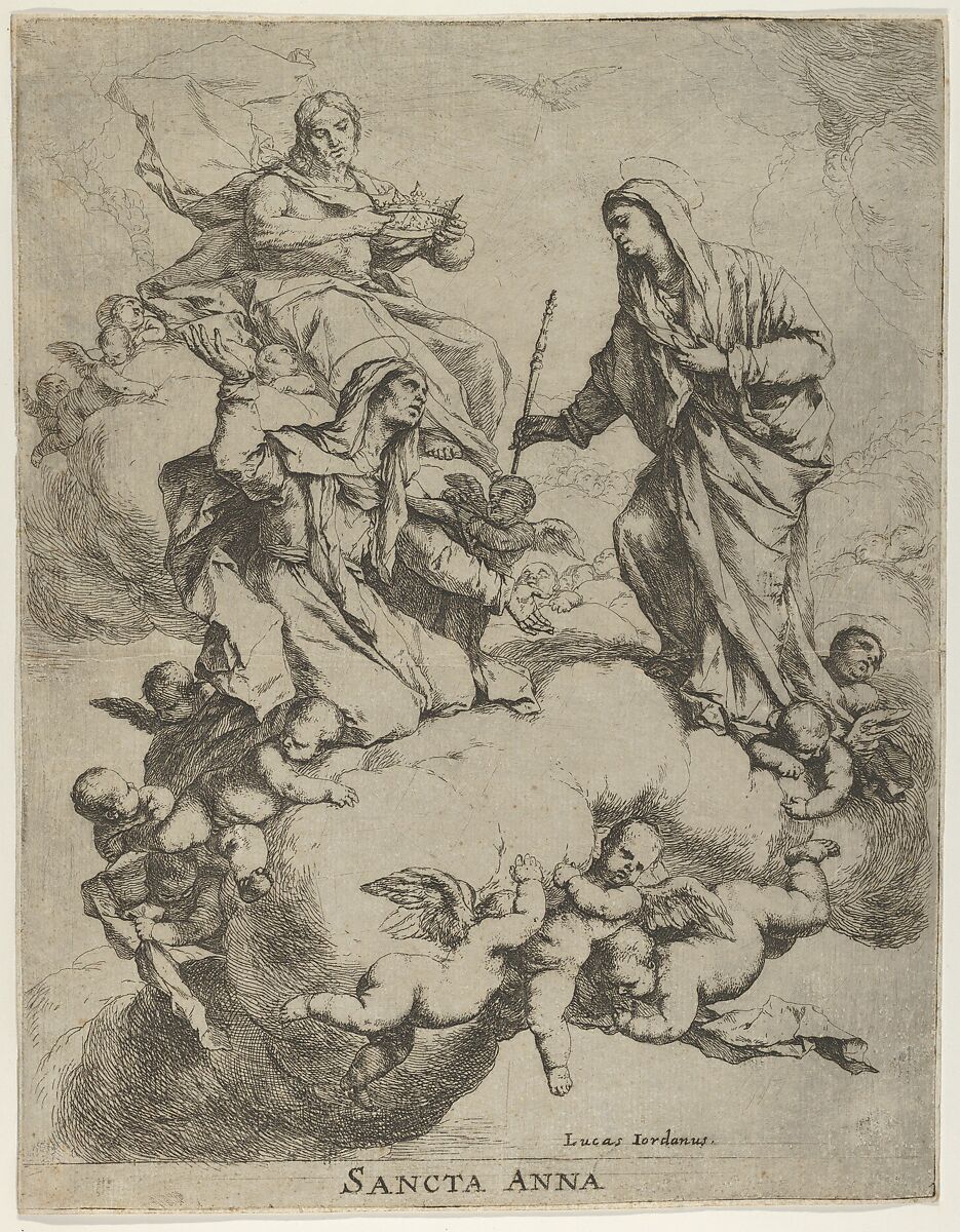Christ holding a crown upper left, at right the Virgin receiving Saint  Anne in Heaven, Luca Giordano (Italian, Naples 1634–1705 Naples), Etching; first state of three 
