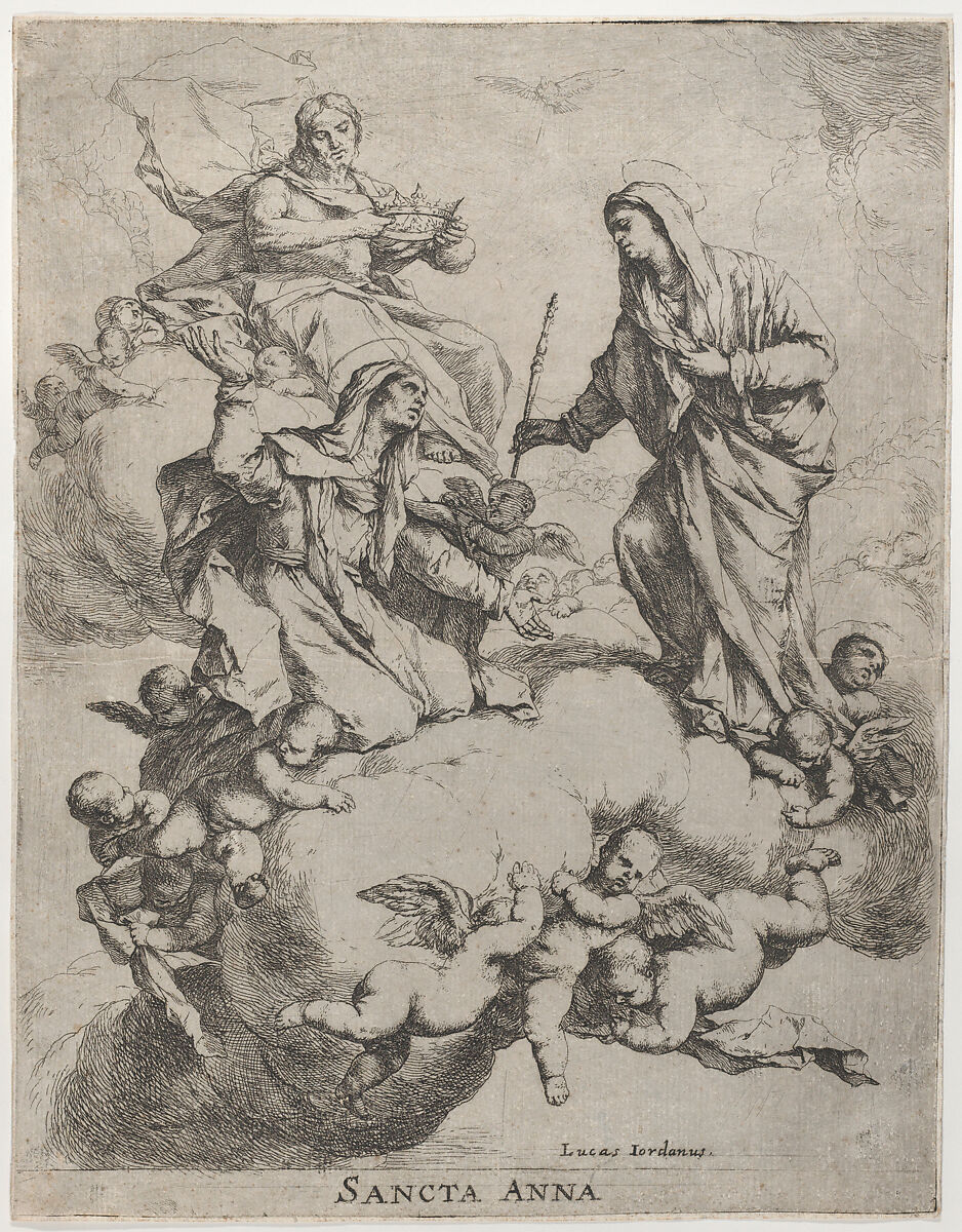 Christ holding a crown upper left, at right the Virgin receiving Saint  Anne in Heaven, Luca Giordano (Italian, Naples 1634–1705 Naples), Etching; first state of three