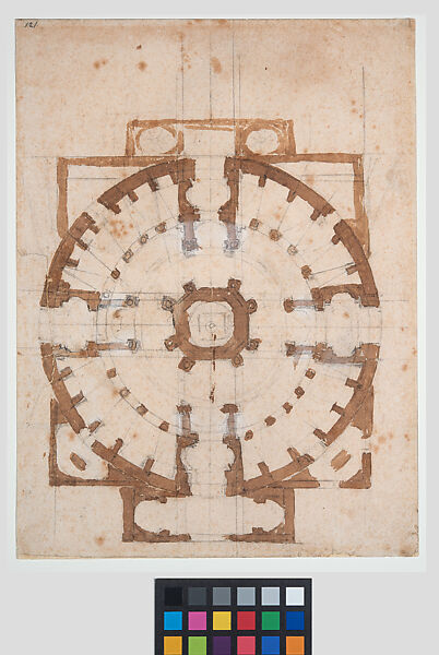 Design for a plan of San Giovanni dei Fiorentini, Michelangelo Buonarroti (Italian, Caprese 1475–1564 Rome), Black chalk, brown wash 