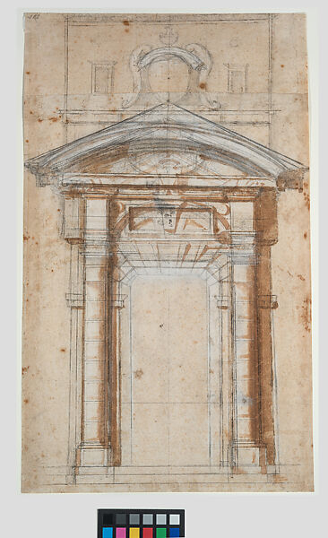 Preliminary design for the Porta Pia, Michelangelo Buonarroti (Italian, Caprese 1475–1564 Rome), Pen and brown ink, brown wash, over black chalk and white gouache 