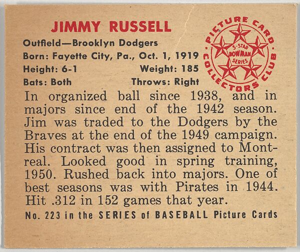 Jimmy Russell, Outfield, Brooklyn Dodgers, from the Picture Card Collectors Series (R406-4) issued by Bowman Gum, Issued by Bowman Gum Company, Commercial color lithograph