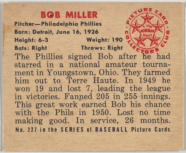 Bob Miller, Pitcher, Philadelphia Phillies, from the Picture Card Collectors Series (R406-4) issued by Bowman Gum, Issued by Bowman Gum Company, Commercial color lithograph