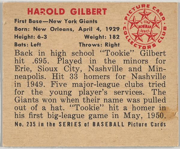 Harold Gilbert, 1st Base, New York Giants, from the Picture Card Collectors Series (R406-4) issued by Bowman Gum, Issued by Bowman Gum Company, Commercial color lithograph