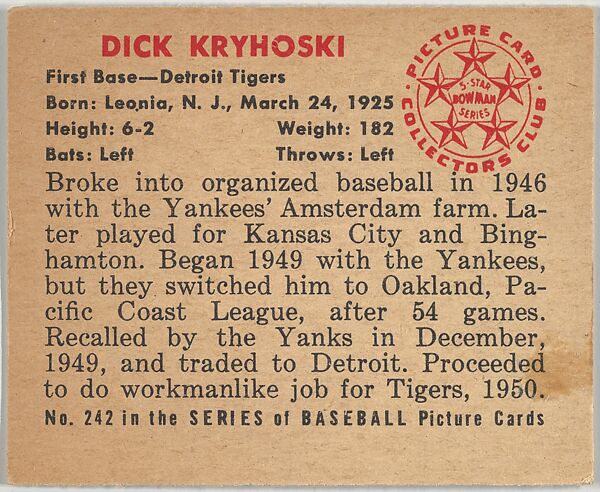 Dick Kryhoski, 1st Base, Detroit Tigers, from the Picture Card Collectors Series (R406-4) issued by Bowman Gum, Issued by Bowman Gum Company, Commercial color lithograph