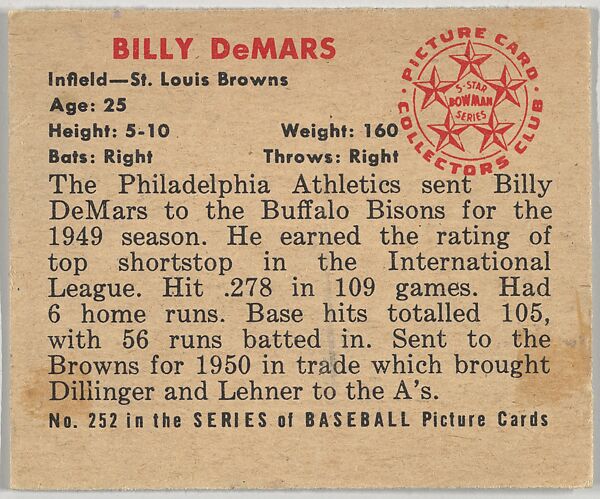 Billy DeMars, Infield, St. Louis Browns, from the Picture Card Collectors Series (R406-4) issued by Bowman Gum, Issued by Bowman Gum Company, Commercial color lithograph